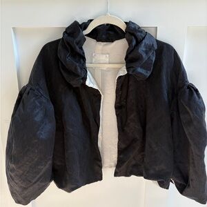 Lanvin designer Black Puffer Jacket with Ruffled Collar. Made in France.